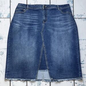 Y2K Inspired Denim Midi Skirt 18W Raw Hem Stretch 40W 27L Cottagecore Modest